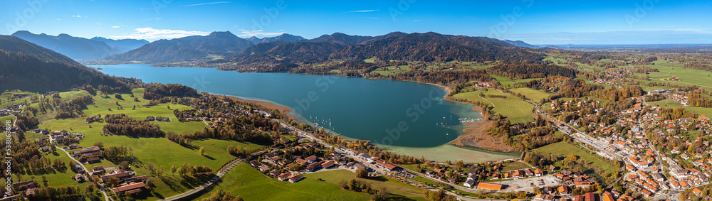 Tegernsee Aerial Fall autumn. Drone Panorama Bavarian Alps