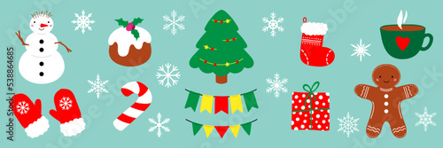 Set of elements about christmas. Traditional holiday decorations. Hand drawn vector illustration in cartoon style. Gift, Gingerbread, Candy, Christmas tree, Snowman, Christmas cake, Christmas sock.