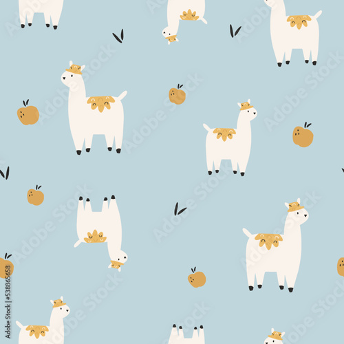 Seamless pattern with cute hand drawn llamas, alpacas and apples