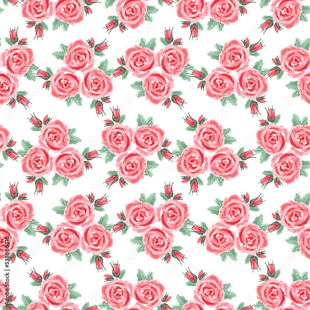 Seamless pattern with pink flowers, buds and leaves, painted in watercolor, is highlighted on a white background. Seamless pattern with pink flowers, buds and leaves, painted in watercolor, is highlighted on a white background.