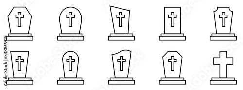 Cemetery gravestones. Set of linear icons of different tombstone. Vector illustration.