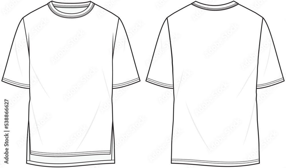 mens short sleeve crew neck t shirt front and back cad drawing template.  plain white t shirt fashion flat sketch vector illustration. Stock Vector |  Adobe Stock