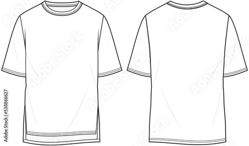 mens short sleeve crew neck t shirt front and back cad drawing template. plain white t shirt fashion flat sketch vector illustration.