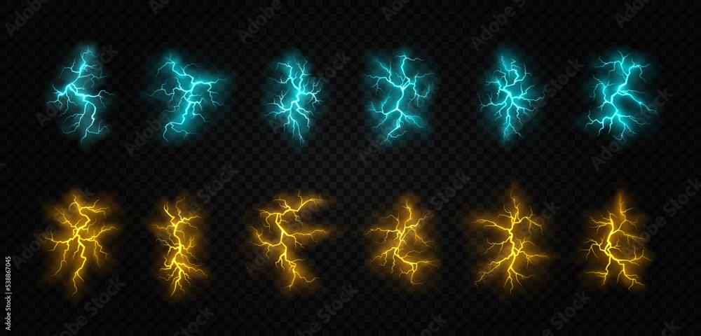 Set of lightnings on transparent background. Thunderstorm and ...