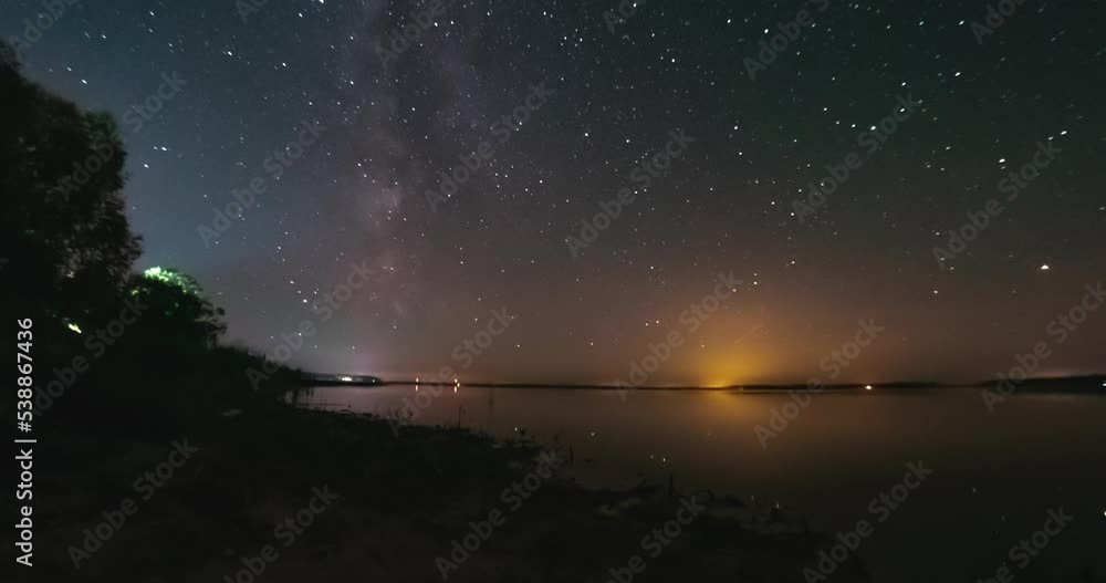 Starry sky timelapse with flat calm lake at night. Milky way is visible in night sky. Space, galaxy, Earth movement concept Starry sky timelapse with flat calm lake at night. Milky way is visible in night sky. Space, galaxy, Earth movement concept