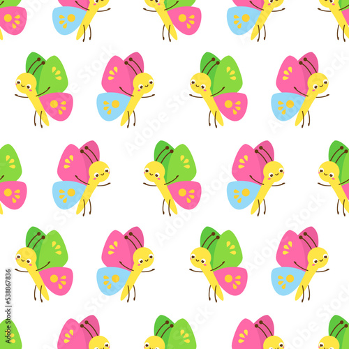 Seamless pattern with cartoon butterfly. Background with funny insects for kids
