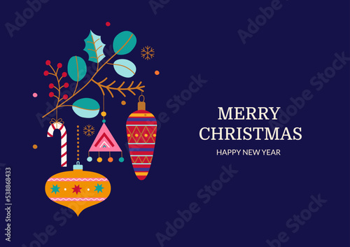 Merry Christmas greeting card with branch and toys in Scandinavian style. Hand drawn christmas baubles on background with wave shapes. Template for invitation,wishing,design. Vector illustration.