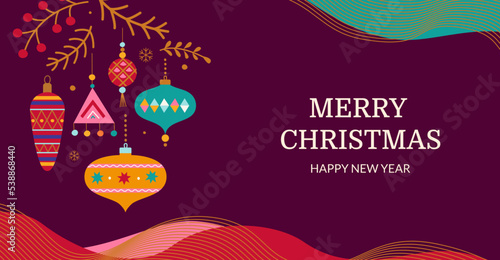Merry Christmas greeting card with branch and toys and place for text. Hand drawn christmas baubles on background with wave shapes. Template for invitation,wishing,design. Vector illustration.
