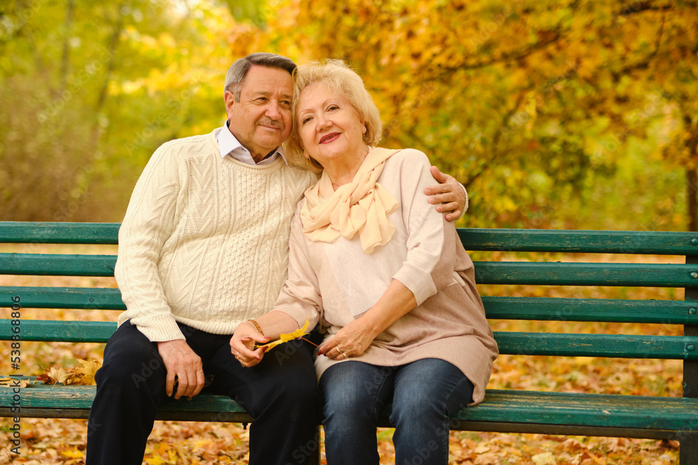 Active seniors on a walk in autumn forest Active seniors on a walk in autumn forest