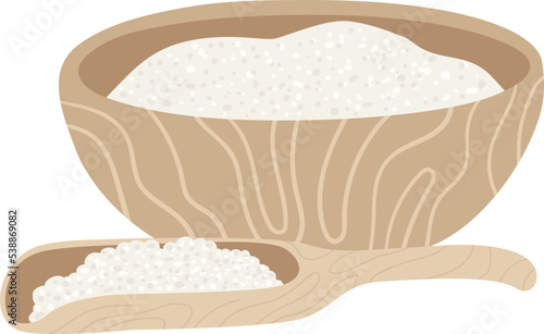 Sea salt in wooden scoop and bowl isolated on white background. Vector flat illustration.