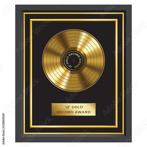Framed gold record award ( golden analog phonograph record disk, 12 inch vinyl LP in a frame ), isolated on white background. Vector illustration.