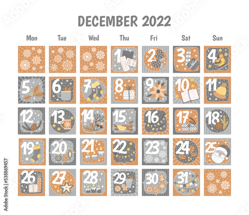 New Year and Christmas advent calendar with holiday elements. Xmas Poster and calendar for december with numbers 1 to 31. Vector illustration for celebration preparation in trendy style.