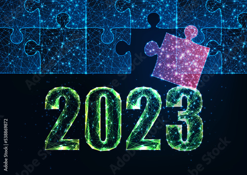 Abstract futuristic 2023 resolution, strategy concept with jigsaw puzzles on dark blue background