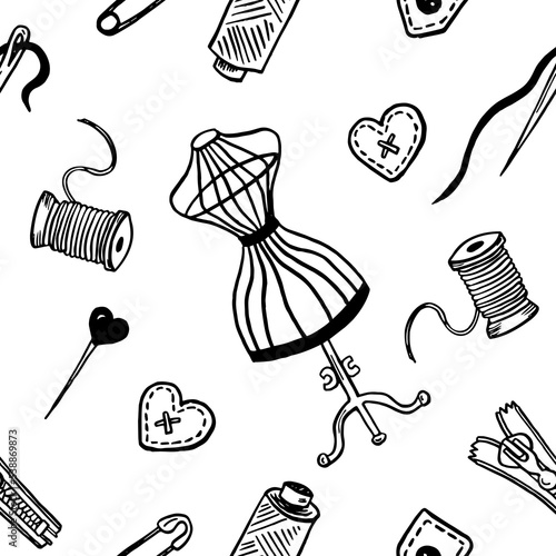 Seamless pattern with sewing tools linear icons scattered on white background. Outline seamstress supplies for tailoring and needlework. Handmade kids clothes wrapping paper design.