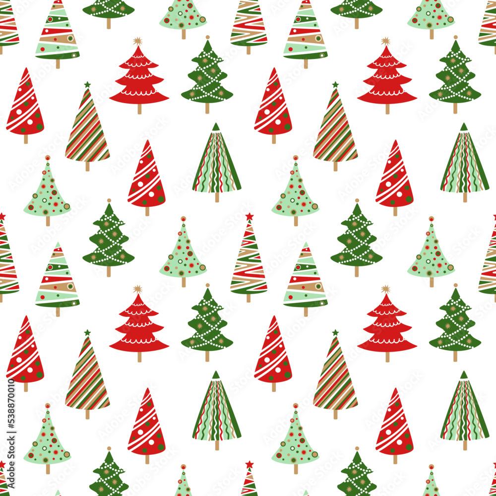 Hand drawn doodle Christmas tree pattern. Red green color cartoon style holiday trees. New year vector symbol. Simple artistic fun background. Many group silhouette decor icons set on white background