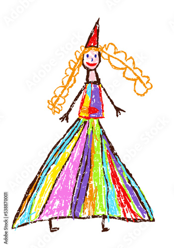 Funny princess or queen. Crayon like kid`s hand drawn fairy. Wonderland magical fantasy fairy tale dream. Colorful bright vector crayon, pastel chalk or pencil doodle scribble art