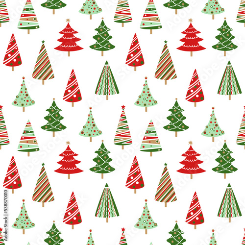 Hand drawn doodle Christmas tree pattern. Red green color cartoon style holiday trees. New year vector symbol. Simple artistic fun background. Many group silhouette decor icons set on white background
