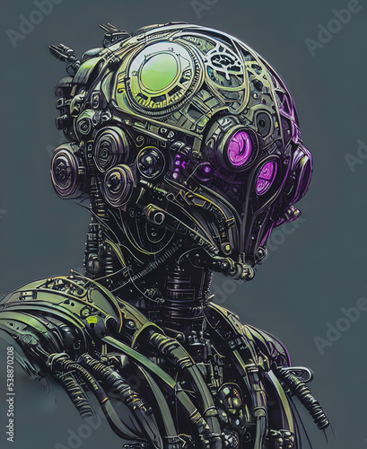Artistic concept painting of a cyborg portrait, background illustration.