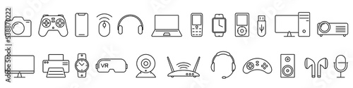 Device icons set. Black linear gadget icons. Vector illustration. Collection of device symbols