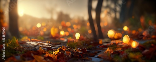 Autumn background Yellow red orange leaves and trees during autumn season with warm sunlight Beautiful nature scene 3d render photo