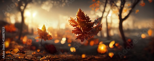 Autumn background Yellow red orange leaves and trees during autumn season with warm sunlight Beautiful nature scene 3d render