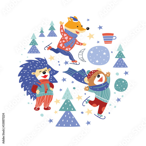Circular illustration with cute cartoon fox, bear, hedgehog, Christmas trees.