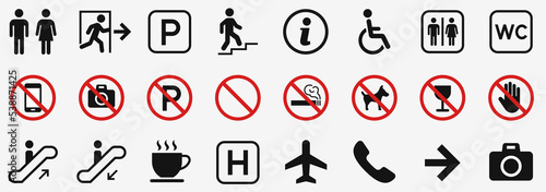 Public signs wc, escalator, exit, staircase, no animals, no camera, no smoking, parking...set. Vector illustration