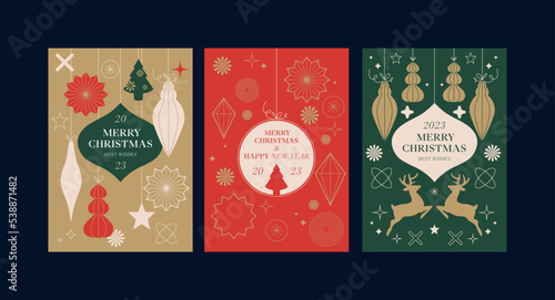 Vector set of modern Merry Christmas greetings cards with traditional christmas decoration.