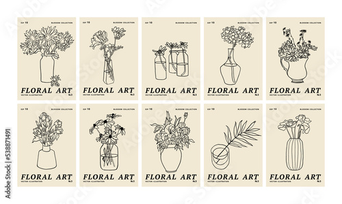Vector illustration set of ink floral posters with different flowers and vase. Art for for prints, wall art, banner, background.