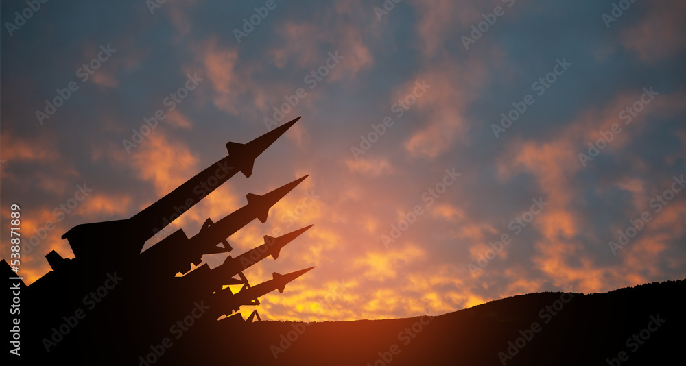 The missiles are aimed to the sky at sunset. Nuclear bomb, chemical weapons, missile defense, a system of salvo fire. The missiles are aimed to the sky at sunset. Nuclear bomb, chemical weapons, missile defense, a system of salvo fire.