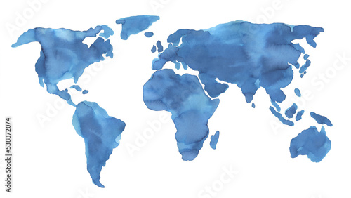 Watercolour illustration of blank World Map in beautiful blue color with artistic brush strokes. Hand painted water colour graphic drawing on white backdrop  isolated element for design  poster  card.