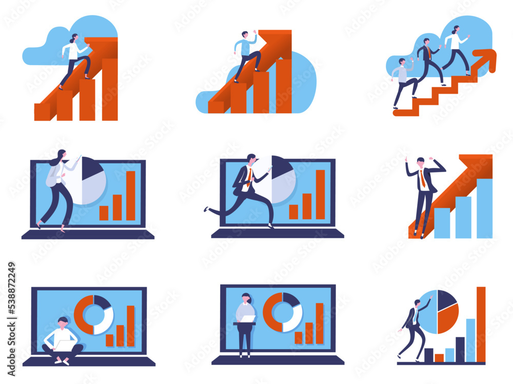 a flat design illustration set of person with arrow and graph a flat design illustration set of person with arrow and graph