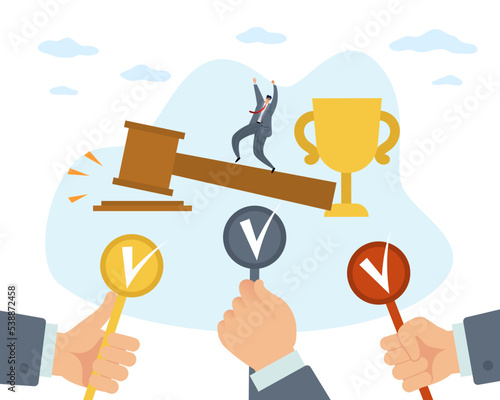 Auction. Public sale of goods concept, high price, competitiveness. Buy and sell products, online bidding, auctioneer and buyers with offer badge tiny people Vector cartoon illustration