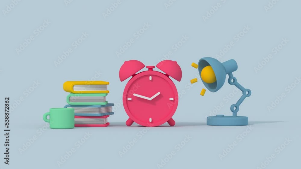 Minimal cartoony books and clock. Reading and work concept. 3D render animation Minimal cartoony books and clock. Reading and work concept. 3D render animation