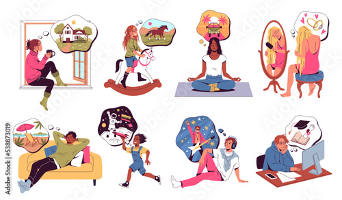 Dreaming people. Persons think about various positive things, young romantic men and women, characters with thought bubbles, happy future, imagination tidy vector cartoon flat set