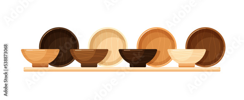 Empty wooden bowls, deep plates or dishes for soup, garnish and salad. Vector cartoon set of serving tableware, eco friendly utensil on kitchen or store shelf isolated on white background