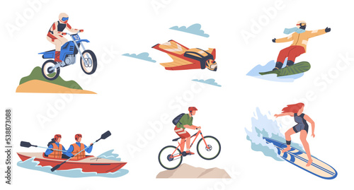 Extreme people. Sportive characters, men and women risk lovers, flat persones riding motorcycle and bicycle, athletes in gear, outdoor activities, adrenaline search, nowaday vector set