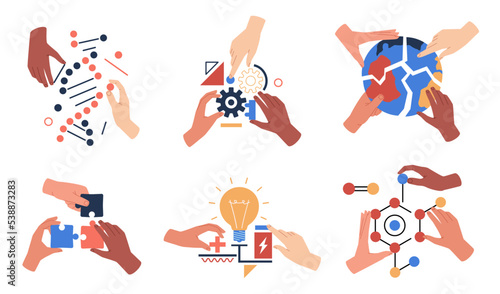 Hands with abstract shapes puzzles. Geometrical shapes, physical, mathematical, biological symbols, human arms, teamwork and partnership concept, medicine and science, nowaday vector set