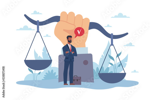 Legal support, social justice, equal rights. Tiny businessman or professional lawyer consultant and huge law scales, human protection. Jurist character. Vector cartoon flat concept
