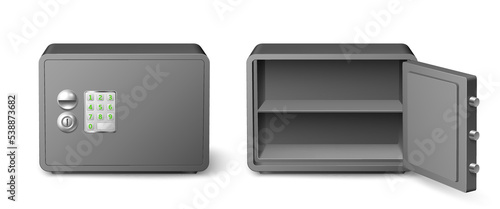 Open and closed safe. Realistic steel armored box for valuables, money, jewelry and documents, metal locks and code buttons, empty container, storage 3d isolated element, utter vector concept