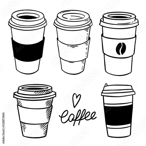 Hot coffee disposable to go cup. Hand drawn take away illustrations.