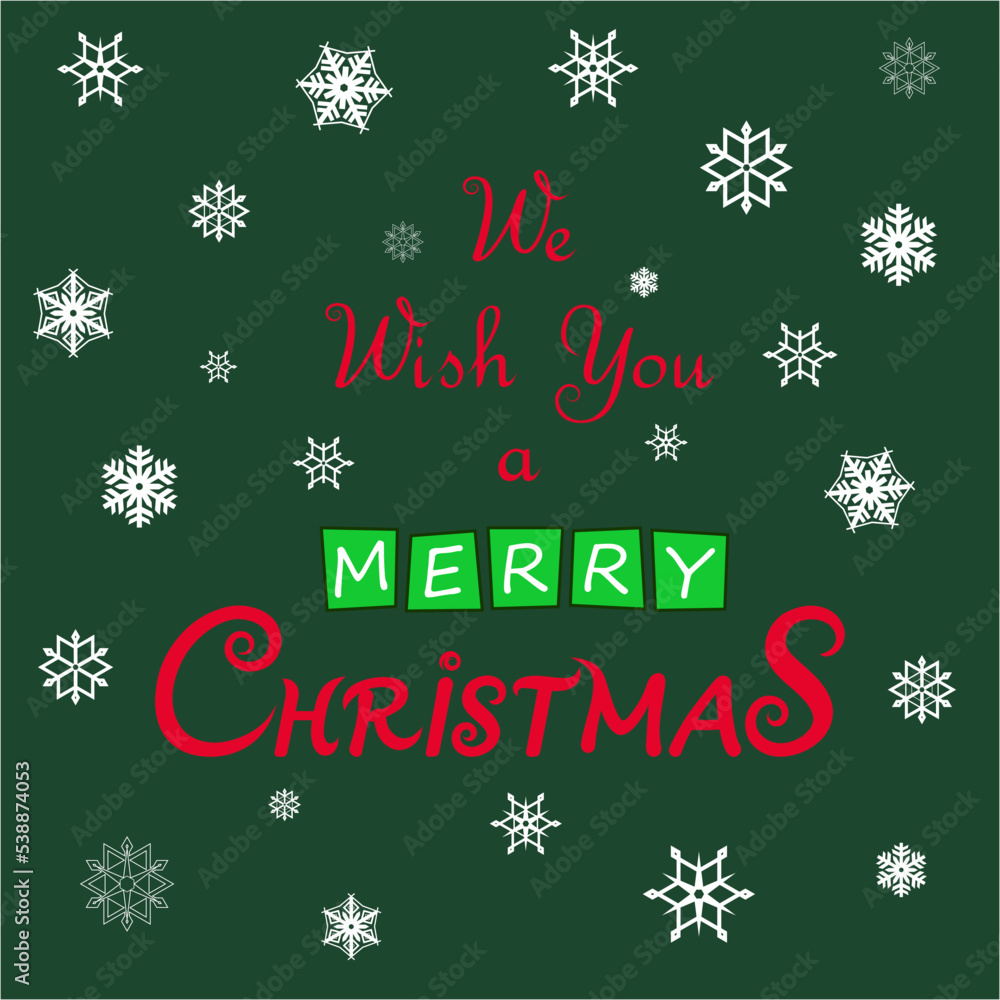 Greeting card with white snowflakes on green background. Merry Christmas handwritten template. Winter holidays related typographic quote. Xmas, vector illustration