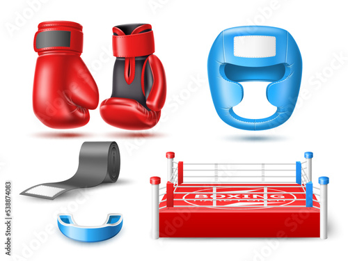 Realistic boxing sports accessories. Fighting sport elements, 3d isolated objects, gloves, helmet, mouth guard and ring, uniform and protection equipment, sportswear for punch utter vector set
