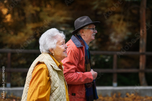 Happy senior couple in autumn clothes walking in city park together.