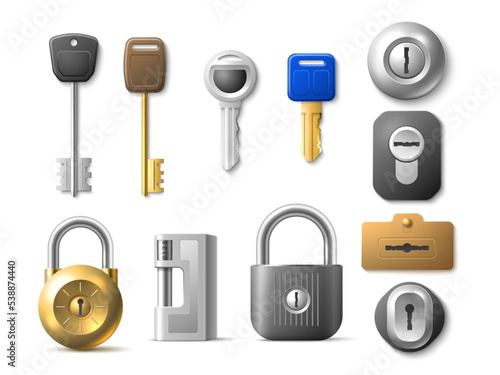 Realistic modern keys. Different locks and padlocks, keyholes, combination lock, various metal, steel, golden and bronze, 3d elements for car and house security, privacy utter vector set