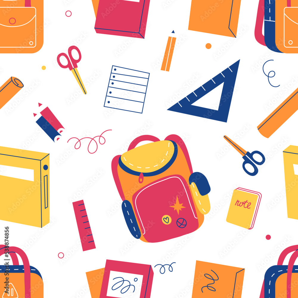 School elements seamless pattern. Color educational equipment, kids stationery print, satchel, scissors and textbooks. Decor childish textile, wrapping paper, wallpaper swanky vector background School elements seamless pattern. Color educational equipment, kids stationery print, satchel, scissors and textbooks. Decor childish textile, wrapping paper, wallpaper swanky vector background