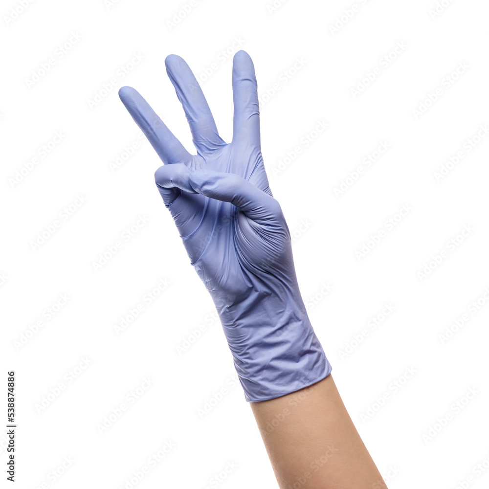 Gesture number three hand with latex glove on white isolated background. Gesture number three hand with latex glove on white isolated background.
