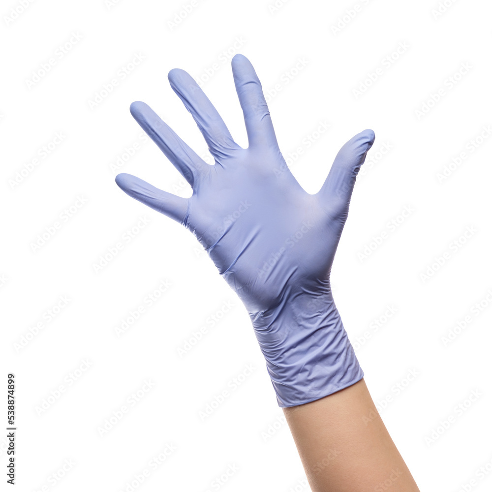 Gesture number five hand with latex glove on white isolated background. Gesture number five hand with latex glove on white isolated background.