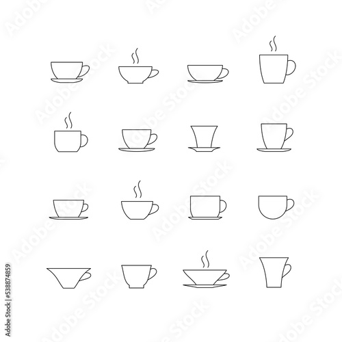 Set of linear coffee cups icons. Tea cups. Vector illustration. 