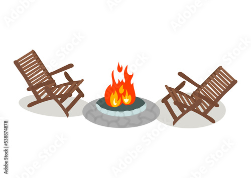 Firepit with wooden chairs around it.